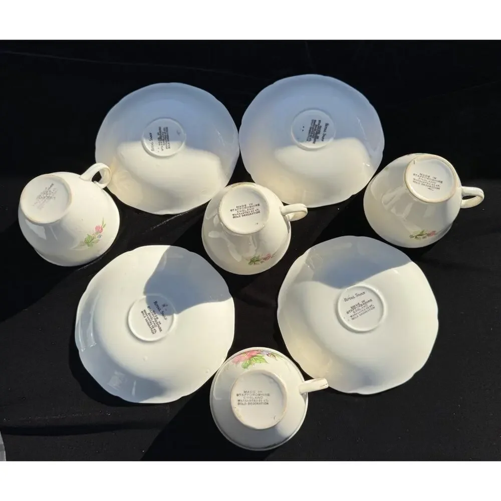 RARE Vintage Royal Swan Staffordshire England 22K Set 4 Tea Cups & Saucers -S88